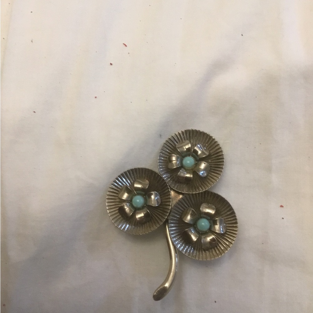Vintage Silver Silver Turquoise Concho  Flower Brooch